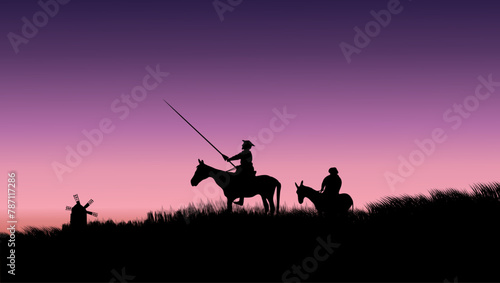 Don Quixote and Sancho Panza , flat color illustration