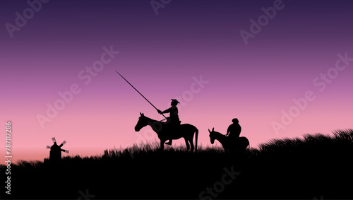 Photography Don Quixote and Sancho Panza , flat color illustration