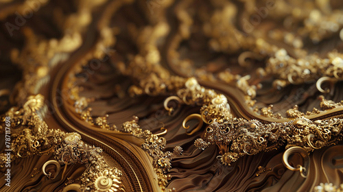 Ornate golden fractals unfold in baroque complexity on a chocolate backdrop.