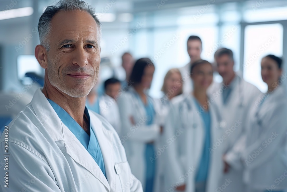Middle-aged doctor smiling confidently with team of medical professionals in the background Middle-aged doctor smiling confidently with team of medical professionals in the background