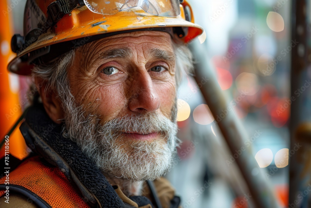 An older construction worker with a snow-speckled helmet and beard smiles subtly An older construction worker with a snow-speckled helmet and beard smiles subtly