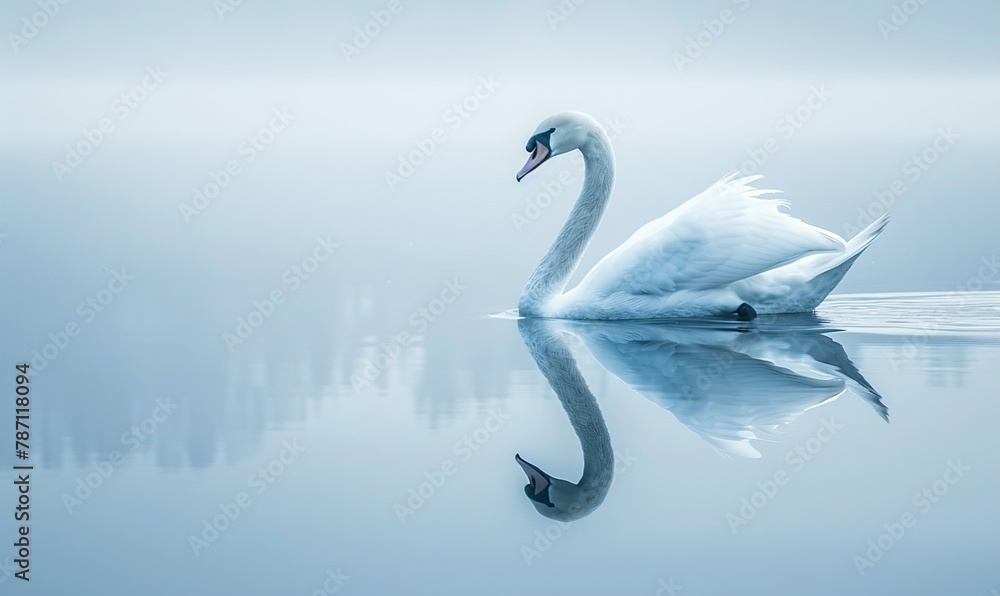 Obraz premium A graceful white swan glides on the tranquil lake reflecting soft blue tones