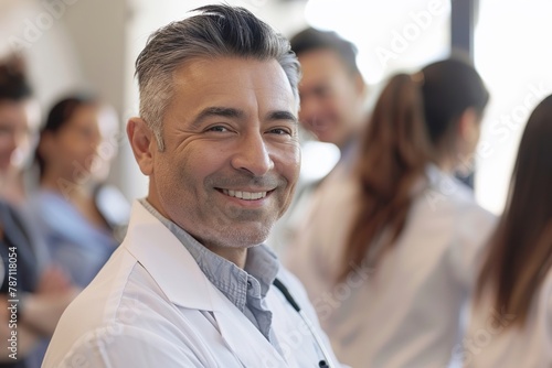 Middle-aged doctor smiling confidently with team of medical professionals in the background