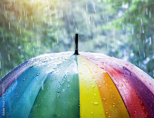 Multicolored rainbow umbrella catches raindrops against blurred nature backdrop
