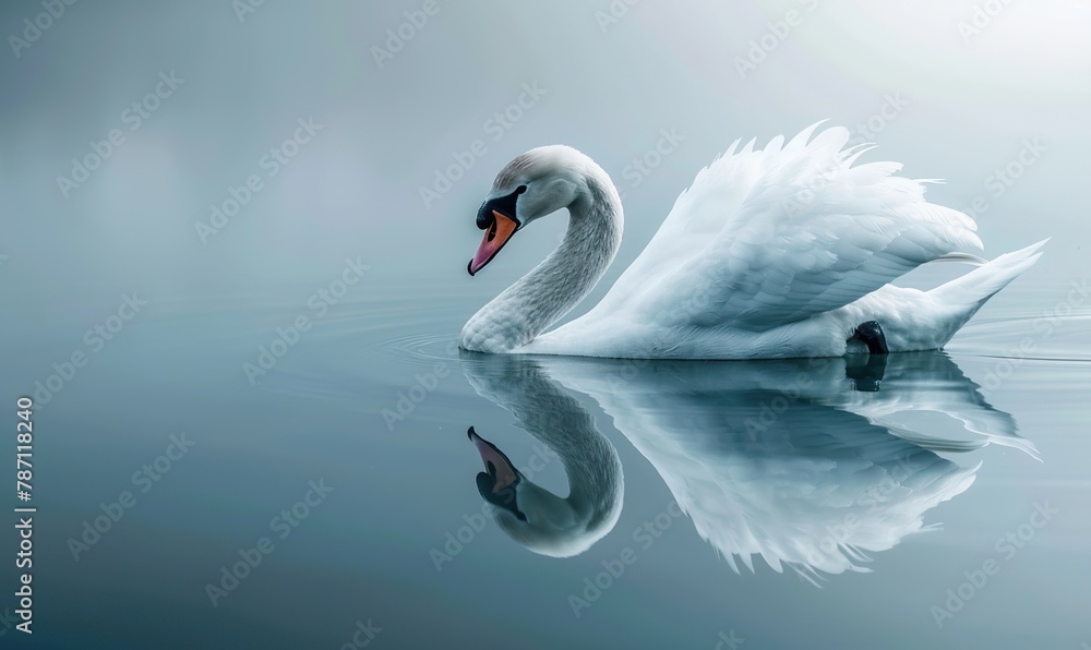 Fototapeta premium A graceful white swan glides on the tranquil lake reflecting soft blue tones