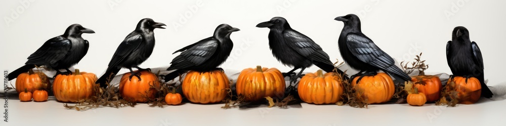 Fototapeta premium frame, border. Black Crows, Pumpkins, Helloween, festive garland. postcard pattern. Decoration.