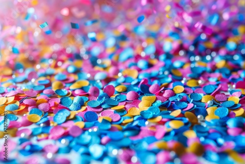 The image showcases a close-up view of vivid, multicolored confetti scattered across a surface, emphasizing texture