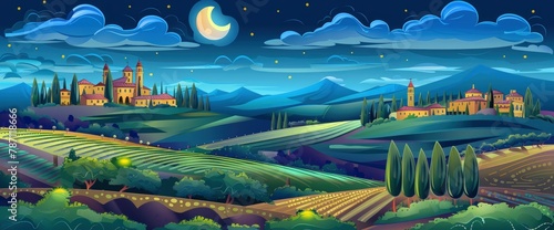 Illustration of a Tuscany landscape at night, with rolling hills and vineyards, and small villages in the background, colorful clouds in the sky