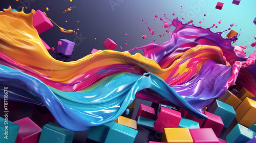 Dynamic 3D paint stream animates cubic shapes, a masterpiece of moving colors.