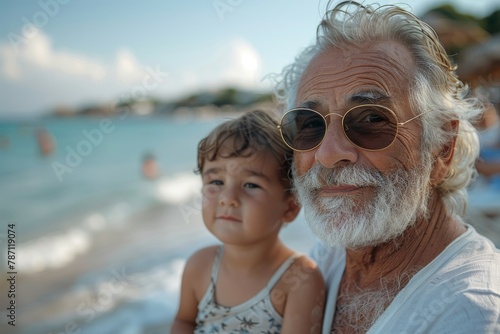 An elderly man with grey beard and a young child are posing on a sunny beach with other beachgoers in the background © Larisa AI
