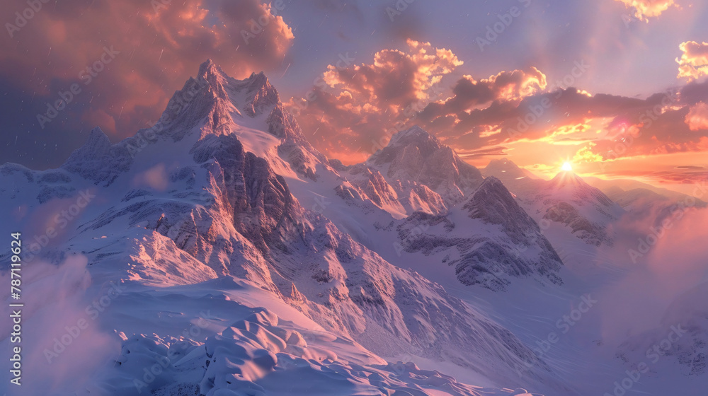 Sunrise in the snow covered mountains