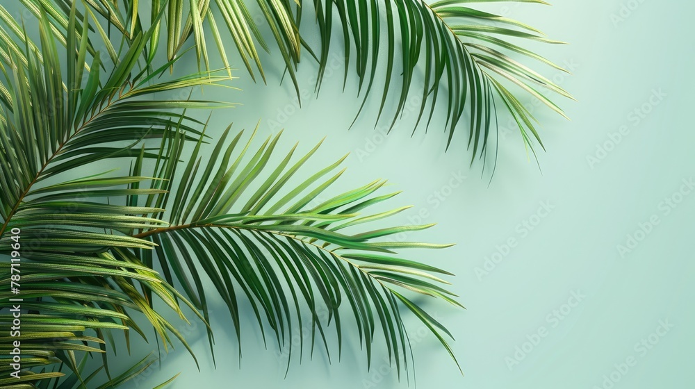 green palm leaves on a light blue background, toned template for text, frame.