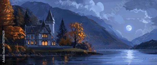 Night time, full moon, house on the water with gabled roof and gothic architecture, mountains in the background, clouds in the sky, in the style of digital art.