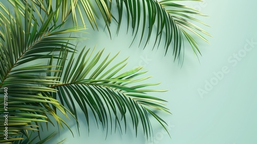 green palm leaves on a light blue background, toned template for text, frame.