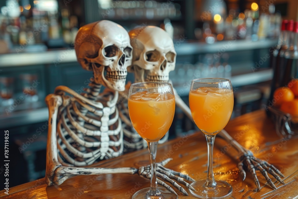 A whimsically dark scene of a skeleton enjoying two tropical cocktails on a polished bar surface