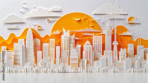 A stunning 3D papercraft model of an urban skyline, with intricate white buildings against a vibrant orange backdrop, ideal for creative city and architectural concepts. photo