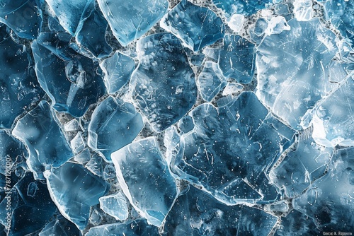 Close-up view of a deeply blue-hued icy surface, portraying a cool, abstract pattern of cracks and textures