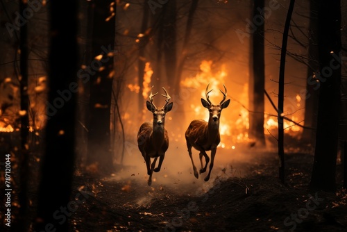 Deer running away from a raging fire in a burning forest