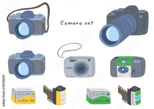 Various cameras, single-lens reflex cameras, disposable cameras, digital cameras, film, hand drawn simple illustration set / いろいろなカメラ、一眼レフ、使い捨てカメラ、デジカメ、フィルム、手描きのシンプルなイラストセット