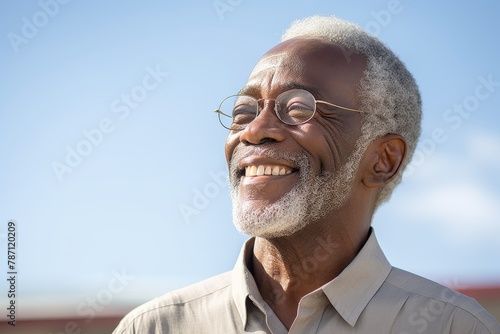 Happy smiling african american old man against blue sky