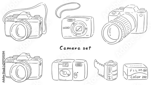 Various cameras, single-lens reflex cameras, disposable cameras, digital cameras, film, hand drawn simple line drawing illustration set / いろいろなカメラ、一眼レフ、使い捨てカメラ、デジカメ、フィルム、手描きのシンプルな線画イラストセット