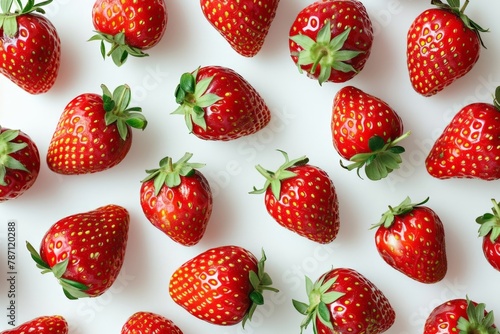 Fresh and vibrant strawberries arranged in a beautiful pattern on a white surface, showcasing their tops to the viewer