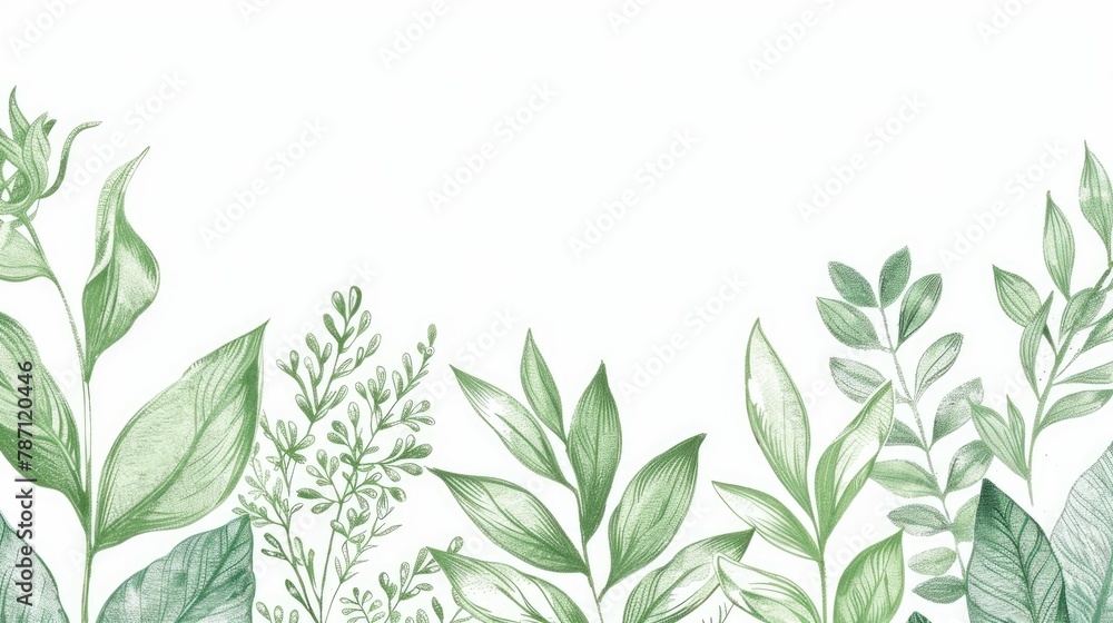 Fototapeta premium Eco-friendly hand drawn border green leaves background with place for text. Ecology, healthy environment, nature, decoration, beauty product concept design backdrop