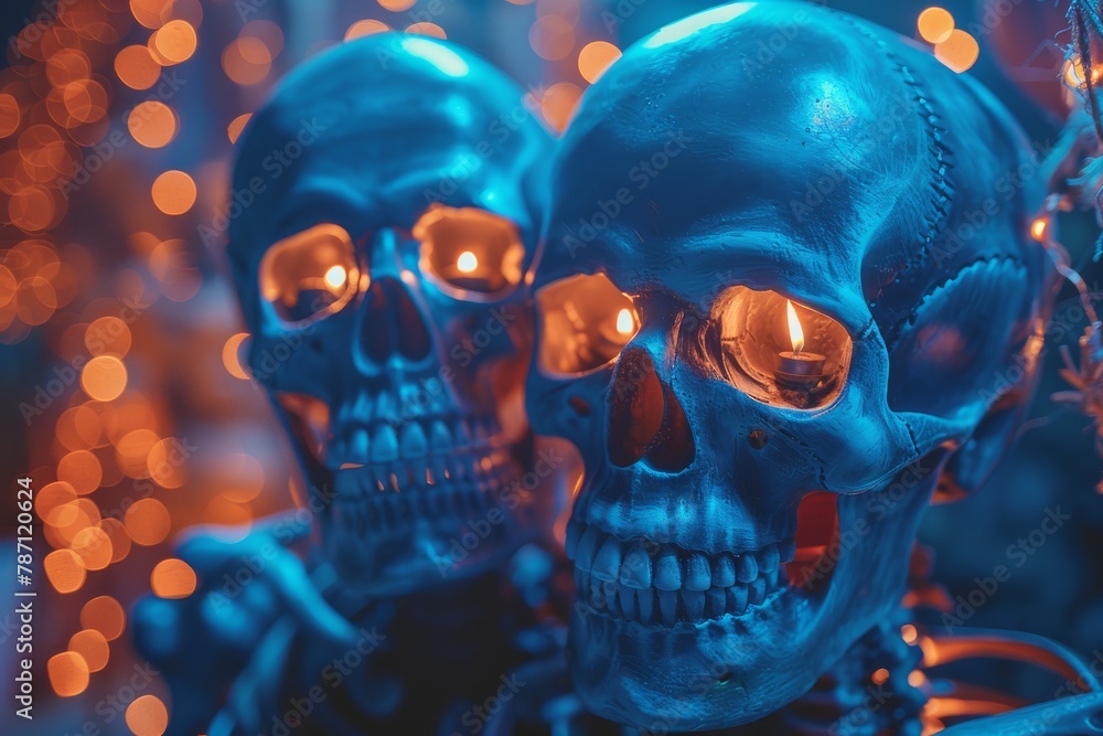 A pair of skeletons bathed in blue light, creating a warm yet chilling scene - obrazy, fototapety, plakaty 
