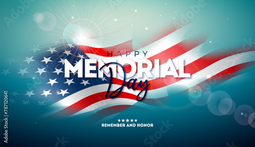 Memorial Day of the USA Vector Banner Design with Blurred American Flag on Shiny Sky Blue Background. National Patriotic Celebration Illustration for Postcard, Flyer, Web Banner, Greeting Card