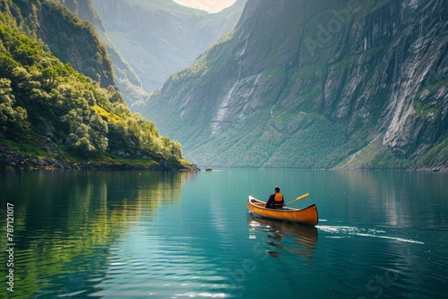 A man sails a canoe along a beautiful fjord surrounded by mountains