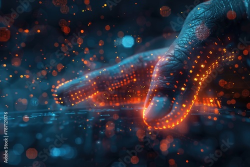 Closeup of an ai digital finger on one hand with digital glowing dots forming in an intricate pattern around it creating a futuristic and high tech atmosphere