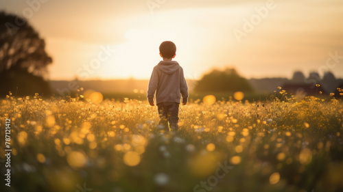little child walking on field at sunset