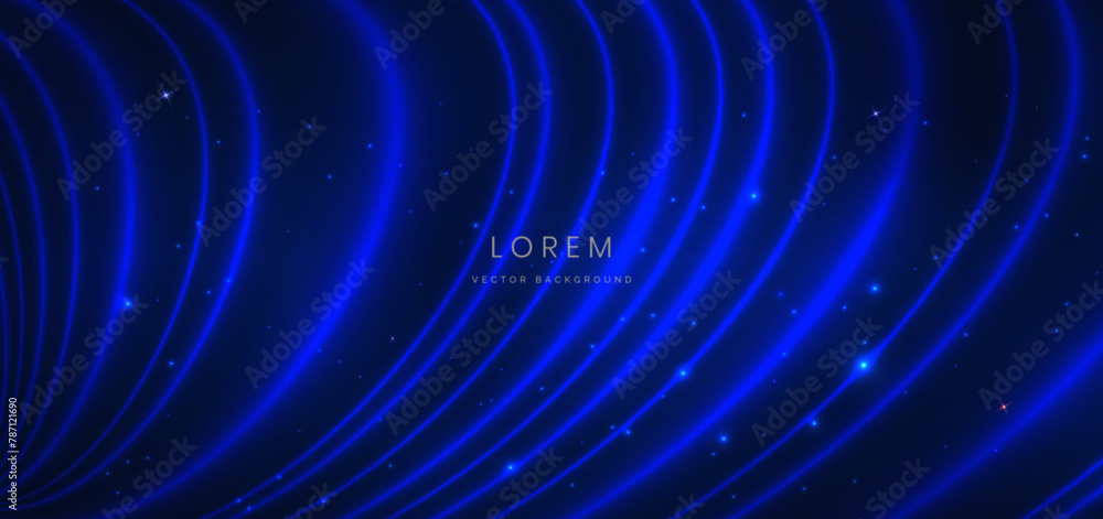 Abstract blue curved light ray glowing on dark blue background with copy space for text.