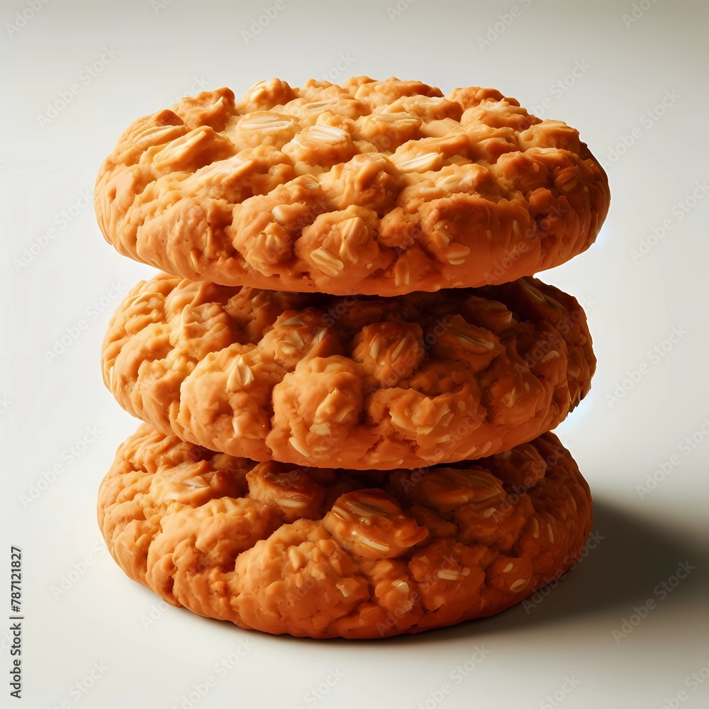Golden Oat Crunch Delights: A Stack of Three Freshly Baked, Crispy, and Delicious Oatmeal Cookies with Visible Flakes and Textured Surface Golden Oat Crunch Delights: A Stack of Three Freshly Baked, Crispy, and Delicious Oatmeal Cookies with Visible Flakes and Textured Surface