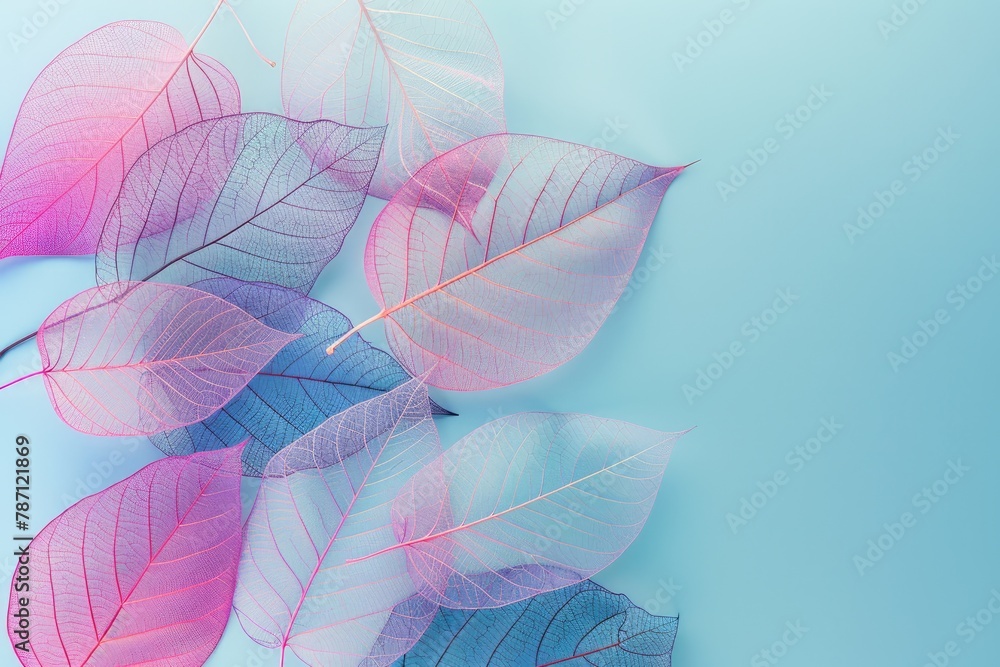 colorful transparent skeleton leaves abstracted on a light blue and cyan background wallpaper