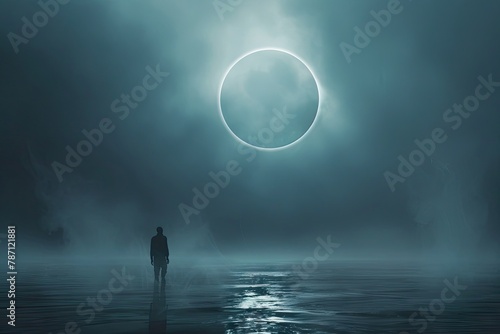 a very realistic art of a silhouette of a person standing in the dark with his shadow appearing on the black ground in front of a big full dark moon covered with fog and clouds at night