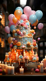 Wedding cake decorated with colorful balloons and candles on the table