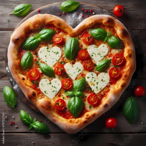 Heart-Shaped Gourmet Pizza with Fresh Mozzarella, Juicy Cherry Tomatoes, and Lush Basil Leaves on a Wooden Background, Perfect for Romantic Dinners