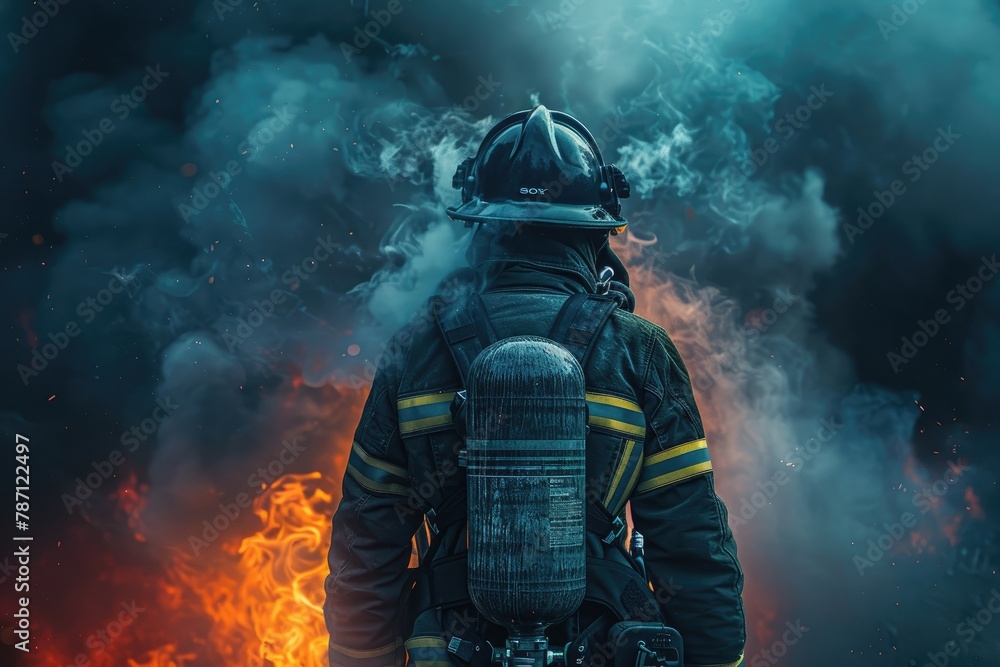 a realistic image of a professional firefighter standing in front of red and black fire while covered in smoke and white fog in a closed room while wearing protective suit with fire extinguisher 
