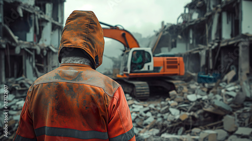 Worker is working with a backhoe, digging, rescuing a collapsed building from an earthquake or from war.