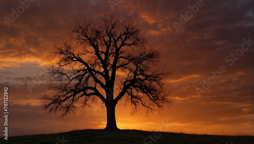 A solitary fruit tree on a hill  silhouetted against a fiery sunset sky Generative AI