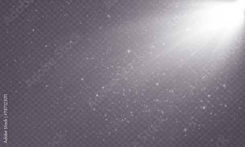 The background is a ray of light or sunbeam vector. It shows an abstract white light shining and flashing like a spotlight, with white sun glitter on a transparent background.