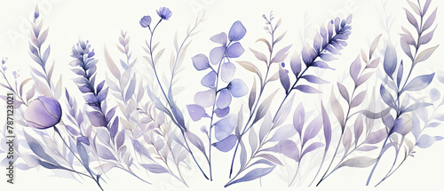 a many purple flowers that are on a white background