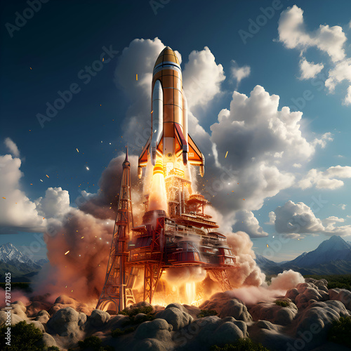 Space rocket takes off into the sky. 3d illustration. © Wazir Design