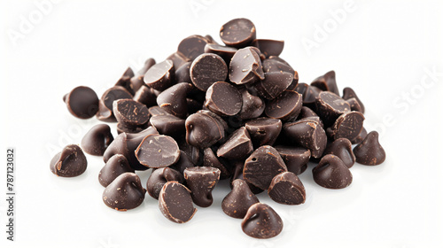 Tasty dark chocolate chips isolated on white set