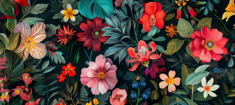 A vibrant display of various flowers and leaves, arranged in an artistic pattern on black fabric in watercolor style, Generative AI A vibrant display of various flowers and leaves, arranged in an artistic pattern on black fabric in watercolor style, Generative AI