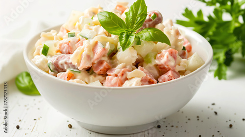 Tasty Olivier salad with boiled sausage isolated on white