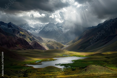 aerial photography of beautiful mountains view during sunshine with bright light ways making scenery natural and beautiful through the clouds and the lake in a green forest with green trees