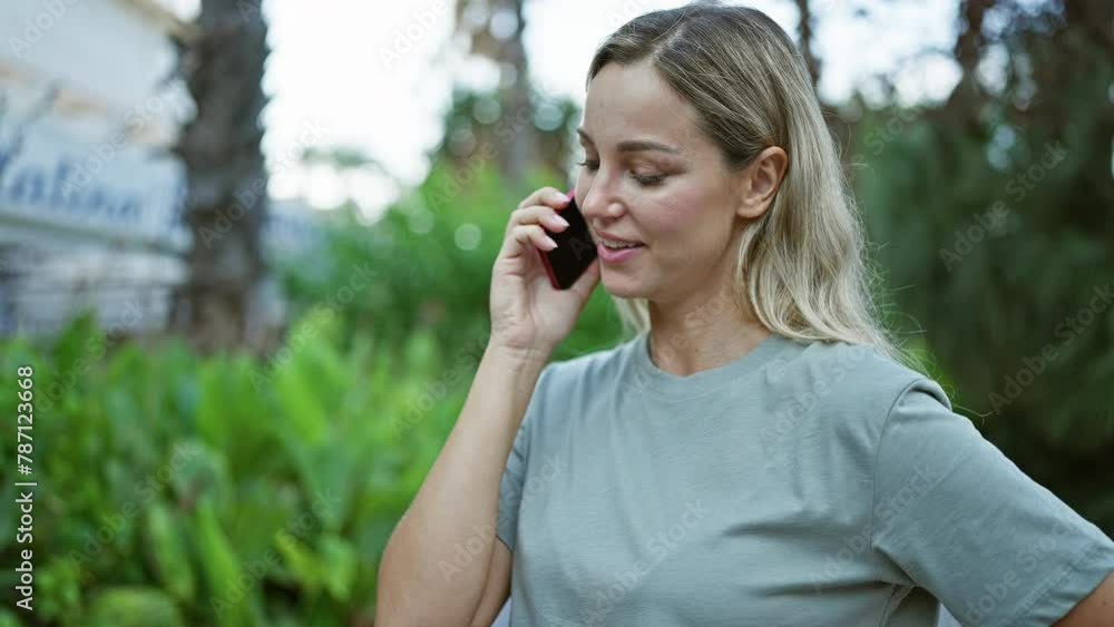 Young woman conversing on a smartphone in a lush park setting, evoking a sense of casual outdoor communication. Young woman conversing on a smartphone in a lush park setting, evoking a sense of casual outdoor communication.