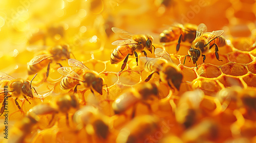 Close up view of bee on honeycomb, producing honey, background for banner